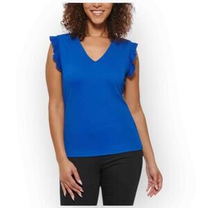 NWT Andrew Marc Regatta Blue Ruffle Sleeve V-Neck Blouse Women's Size Large